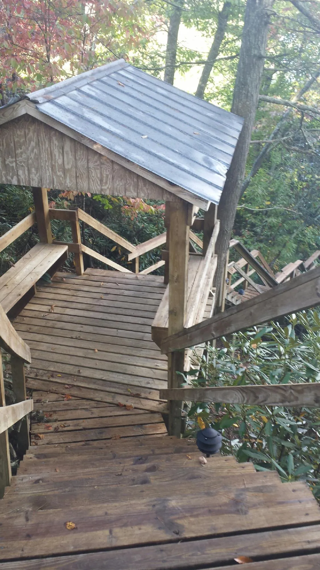 Metal roofed shelter over wooden steps on a wooded walkway — Skylight Repair & Installation work by our crew in Snoqualmie Pass